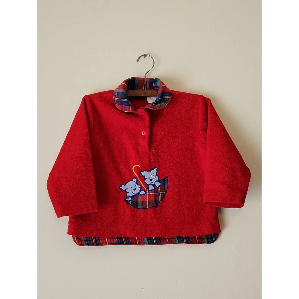 Vintage Y2K Dogs In Umbrella Collared Fleece Sweater Size 12Months Baby Toddler